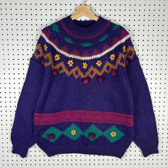 Extra Spice Vtg 90s Mock Neck Sweater Large Purple Knit Chunky Pom Pom Nordic - Picture 1 of 6